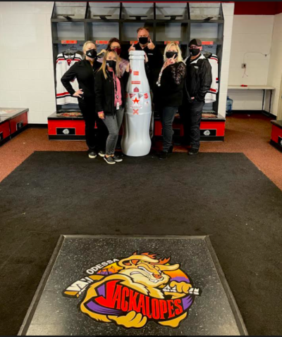 Odessa heroes wrap up their time with the Recognition Roadtrip Bottle in the Odessa Jackalopes locker room. Founded in 2008, the Jackalopes are a Tier II junior ice hockey team playing in the North American Hockey League.