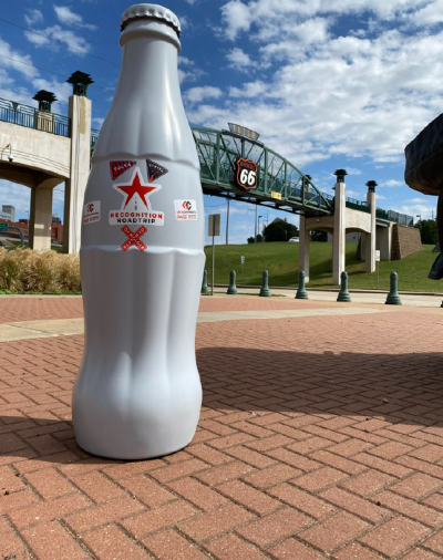 The Recognition Roadtrip Bottle in front of the iconic Route 66 Bridge in Tulsa, Oklahoma. Once a lifeline from East to West, Route 66 followed the path of present day I-44.