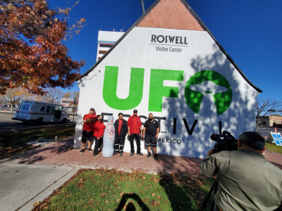 Roswell heroes at the city’s Visitor Center with the Recognition Roadtrip Bottle on Dec. 7, 2021 - the first of many stops our team made to highlight the paranormal activity craze.