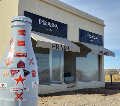 The Recognition Roadtrip Bottle in front of Prada Marfa on Nov. 30, 2021. This permanent sculptural art installation was created by artists Elmgreen and Dragset in 2005 and is visited by thousands every year.