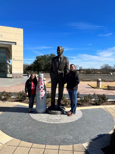 Bryan heroes with the Recognition Roadtrip Bottle at the George W. H. Bush Library. Along with the great history inside the library, the 90-acre campus is also the resting place for George W. H. Bush.