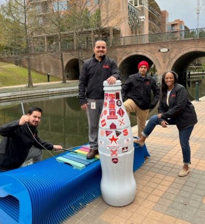 Northpoint heroes make a little music with the Recognition Roadtrip Bottle along the Woodlands Waterway on Jan. 11, 2022. The Waterway is not only a place to eat and shop; it offers space for guests to kayak and walk along the greenspace at sunset!