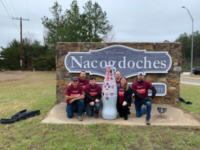 CCSWB heroes welcome the Recognition Roadtrip Bottle to Nacogdoches on Jan. 20 2022. The city’s name – pronounced “na·kuh·doh·chuhs” – comes from the Native American Caddo tribe. Local legend says it originated from an old Caddo chief and his twin sons. One son founded Nacogdoches, the other founded Natchitoches in Louisiana, and the road between the two communities is still well-traveled to this day!