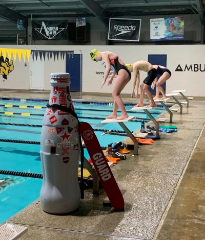 The Recognition Roadtrip Bottle takes its turn at the lifeguard stand at the Lehmann Swim Center at the Boys & Girls Club on Jan. 20, 2022. The Lehmann Swim Center is the only aquatics program available for the public, as well as serving as the Nacogdoches High School’s competition pool.