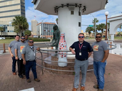 The Recognition Roadtrip Bottle with the life-sized bronze statue of Corpus Christi Tejano singer Selena at the Mirador de la Flor memorial on March 14, 2022. The memorial sits near the waterside, which can be reached with a short walk down a sidewalk made from handmade tiles by South Texas schoolchildren and senior citizens.