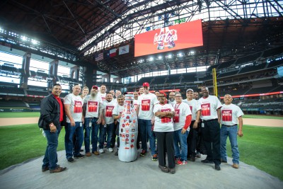 On the mound today…the Fort Worth team! CCSWB heroes welcome the Recognition Roadtrip Bottle to Globe Life Field just outside Fort Worth on March 22, 2022. Globe Life Field, which opened in 2020, is the home stadium for the Texas Rangers MLB team, part of the American League West.
