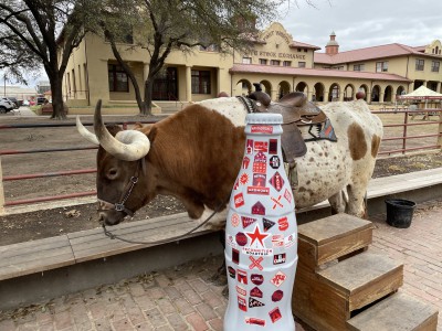 The Recognition Roadtrip Bottle meets a Texas longhorn in the Fort Worth Stockyards on March 22, 2022. In honor of its history, the Stockyards still hosts the world’s only twice-daily cattle drive. Visitors can watch the cattle drive along the historic streets of downtown Fort Worth, where modern cowboys guide the cattle along East Exchange Avenue.