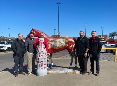 Wichita Falls heroes and the Recognition Roadtrip Bottle with the Spirit painted horse outside the United Market Street on March 28, 2022.