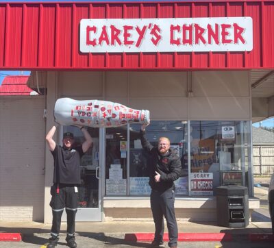 Wichita Falls heroes, Cory Hickey, Driver, and Patrick Harlow, Distribution Supervisor, take the Recognition Roadtrip Bottle along to visit one of their clients: Carey’s Corner.. The local convenience store is one of hundreds of CCSWB clients the Wichita Falls team services throughout the Texoma region!