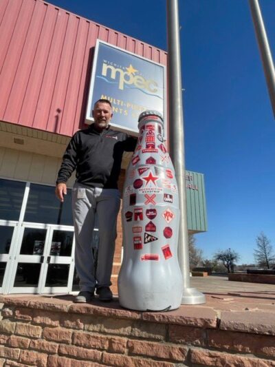 Wichita Falls hero Jerry Cantwell, Sales Execution Manager, with the Recognition Roadtrip Bottle at the Multi-Purpose Event Center (MPEC) on March 28, 2022. The event center – which CCSWB sponsors – hosts dozens of events each year, ranging from concerts for local artists such as the Josh Abbott Band, to the city’s annual Pancake Festival.